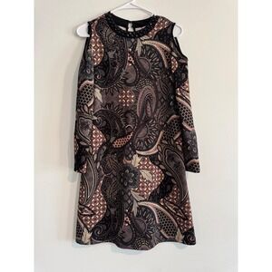 ECI New York Cold Shoulder Shift Dress Womens Small Black Paisley Beaded Neck